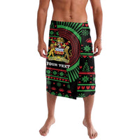 Knee-length drawstring lavalava shorts in black with green and red Christmas pattern