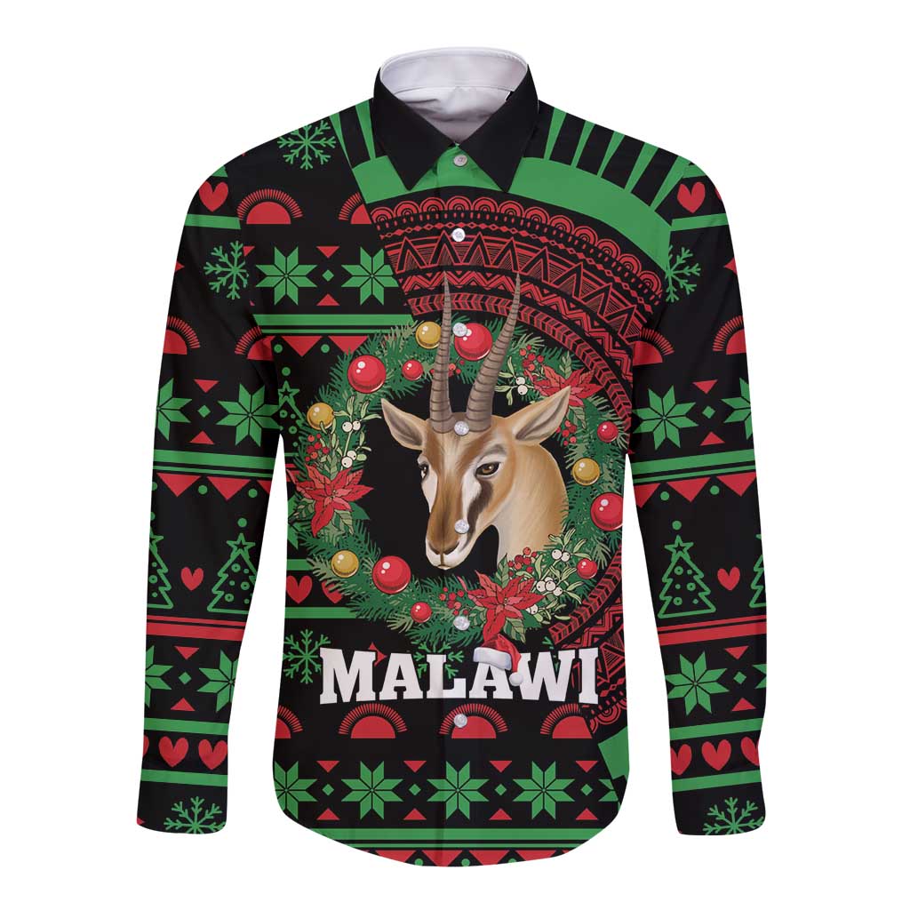 Black long-sleeve button shirt with Malawi graphic and festive green-red pattern