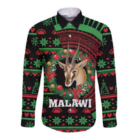 Black long-sleeve button shirt with Malawi graphic and festive green-red pattern