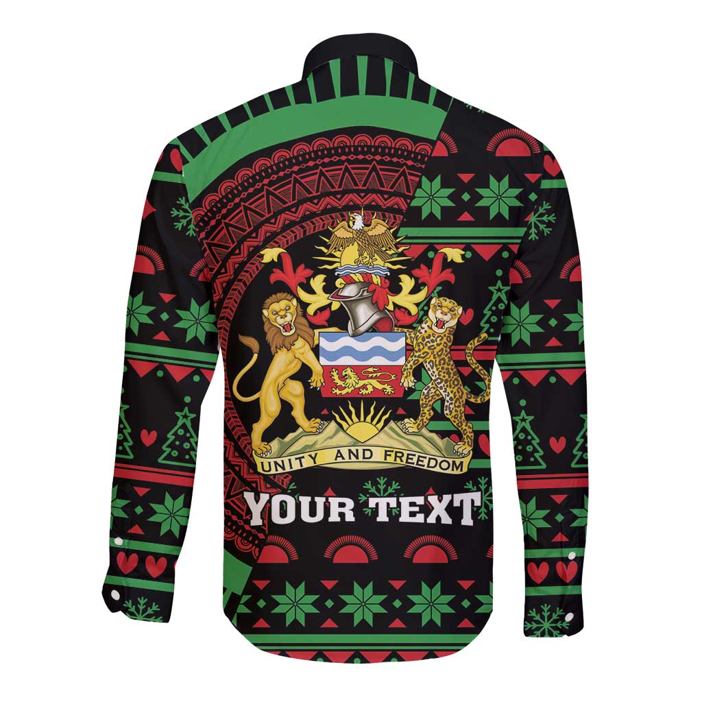 Black long-sleeve button shirt with coat-of-arms graphic and 'YOUR TEXT' on back