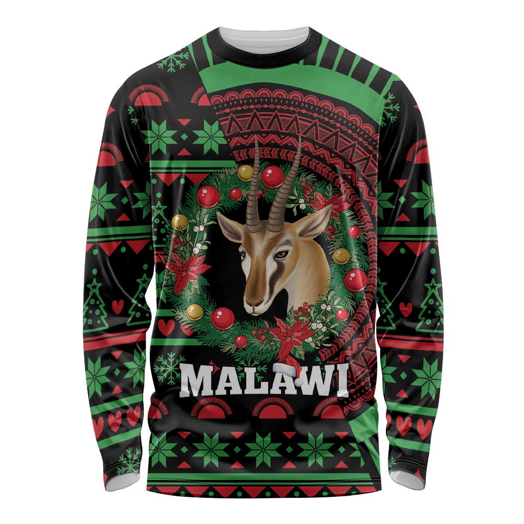 Black long-sleeve shirt with Christmas graphic wreath and Malawi text