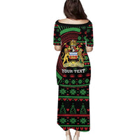 Black short-sleeve midi dress with African Christmas pattern and YOUR TEXT on back