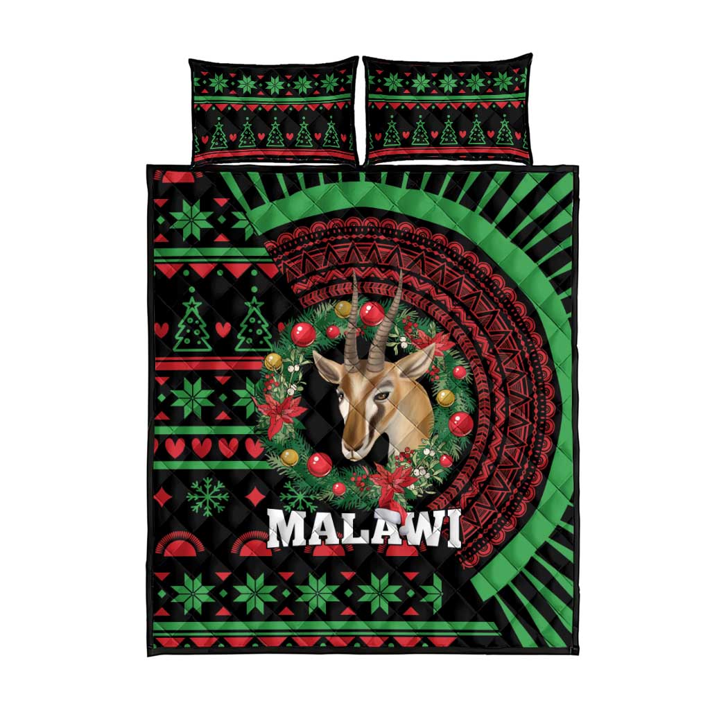 Malawi Christmas quilt bed set with two matching pillows, gazelle medallion on black/green/red