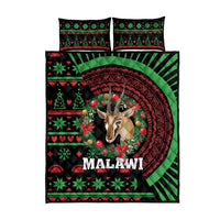Malawi Christmas quilt bed set with two matching pillows, gazelle medallion on black/green/red
