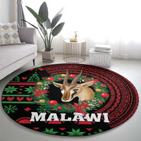 Round rug, black/red/green, Malawi print with gazelle and holiday plants