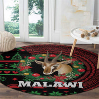 Round rug, black/red/green Malawi print with gazelle head among festive symbols