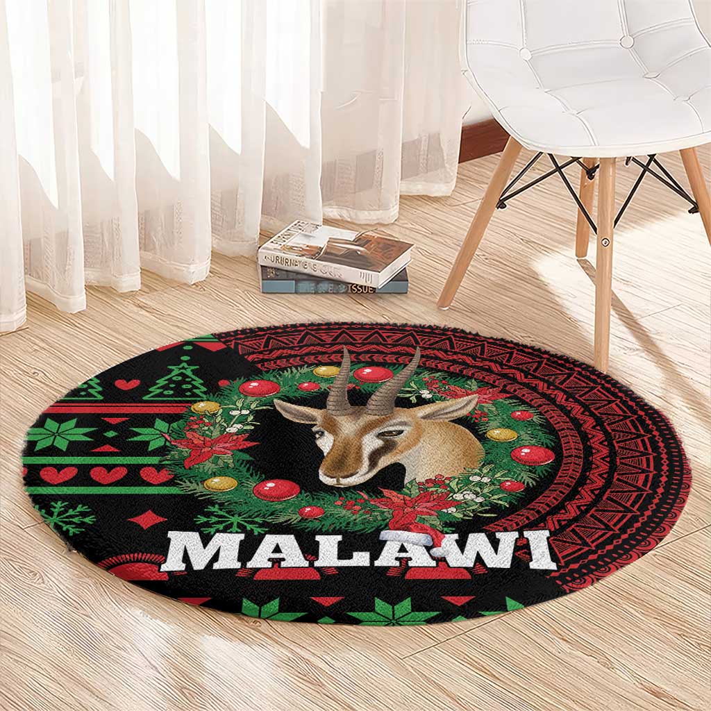Round rug on wood floor, black/red/green Malawi print with gazelle and wreath