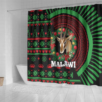 Shower curtain with Malawi text and deer wreath in green and red festive stripes