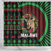Shower curtain showing Malawi deer wreath with festive green and red patterns