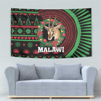 Rectangular tapestry with deer head, festive trees/hearts, green rays, and Malawi title