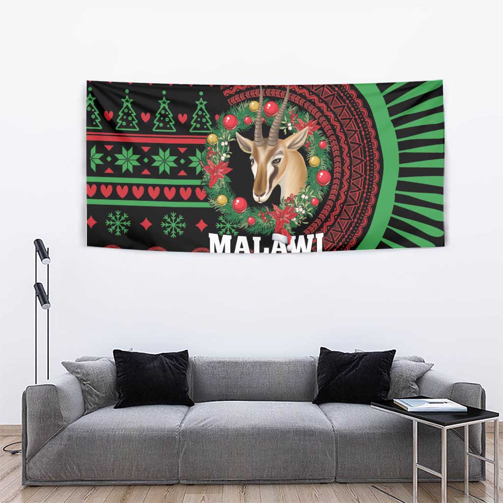 Black wall hanging tapestry with deer portrait, holiday motifs, and “MALAWI” in center