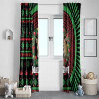 Black window curtain set with green/red African Christmas pattern, deer face and decorative border
