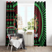 Black holiday window curtain set with green and red African pattern, deer face and sunburst