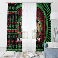 Black holiday window curtain pair with green/red African festive pattern and deer portrait