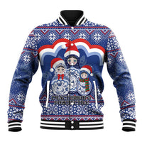 Blue unisex baseball jacket with festive Santa and matryoshka graphic, striped ribbed collar