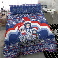 Blue duvet cover with matryoshka Santa figures under arched red-and-white shapes