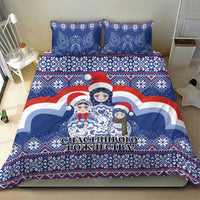 Blue Christmas bedding set with matryoshka Santa doll print, includes two matching pillowcases