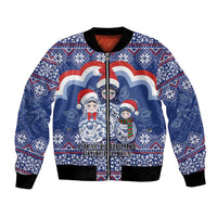 Unisex blue bomber jacket with front zipper and festive matryoshka-style graphic