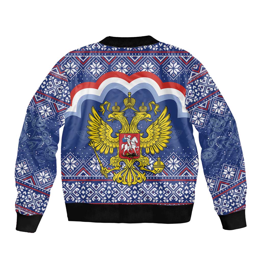 Unisex blue bomber jacket with back graphic of golden double-headed eagle