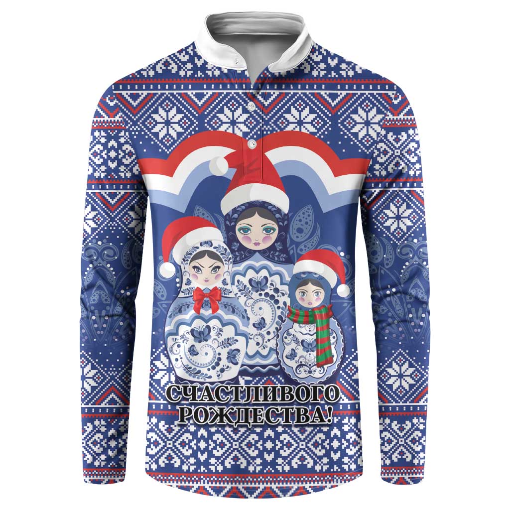 Blue button-front sweatshirt with festive Russian matryoshka and snowflake pattern