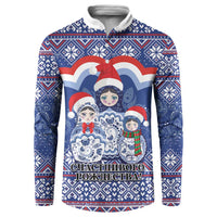 Blue button-front sweatshirt with festive Russian matryoshka and snowflake pattern