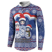 Blue button-front sweatshirt with matryoshka dolls and ornate snowflake design