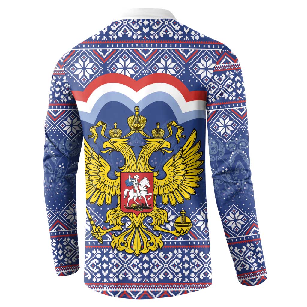Blue back button sweatshirt with ornate coat of arms graphic and winter border pattern