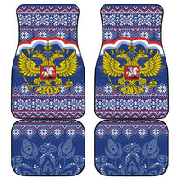 Blue car floor mat set, 4 individual mats with Russian eagle graphic and snowflake accents