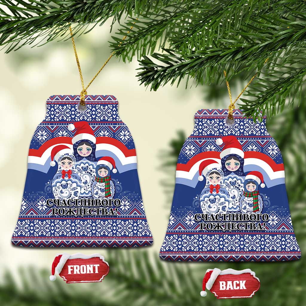 Blue ceramic bell-shaped Christmas ornament with matryoshka Santa figures, gold hanging loop