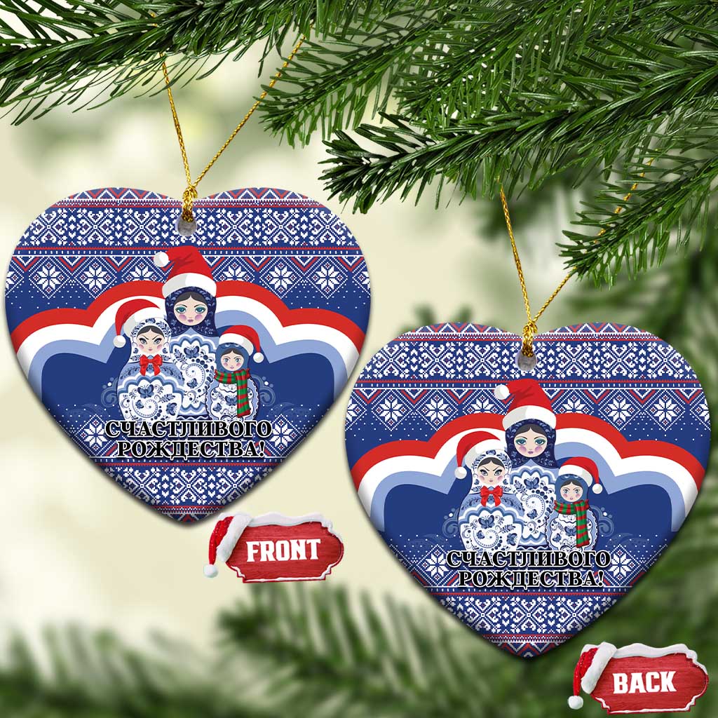 Blue ceramic heart-shaped Christmas ornament with matryoshka Santa figures, gold hanging loop