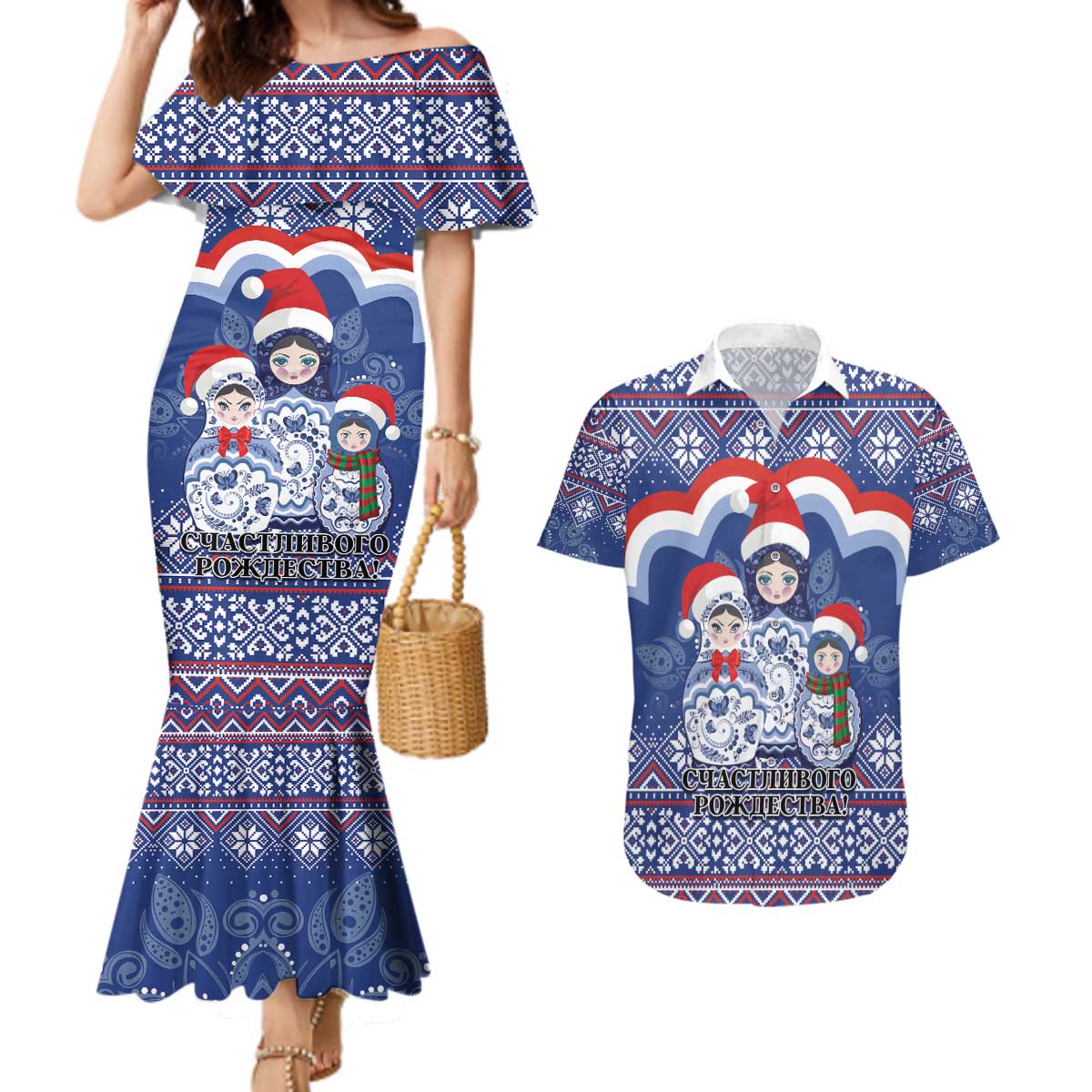 Russia Christmas Couples Matching Mermaid Dress and Hawaiian Shirt Santa Matryoshka Doll - Wonder Print Shop