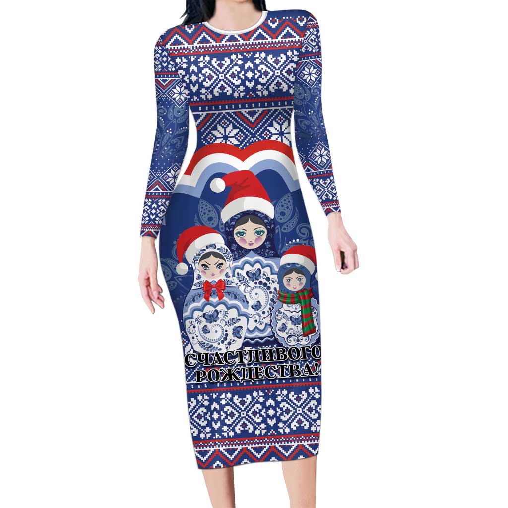 Russia Christmas Long Sleeve Bodycon Dress Santa Matryoshka Doll - Wonder Print Shop