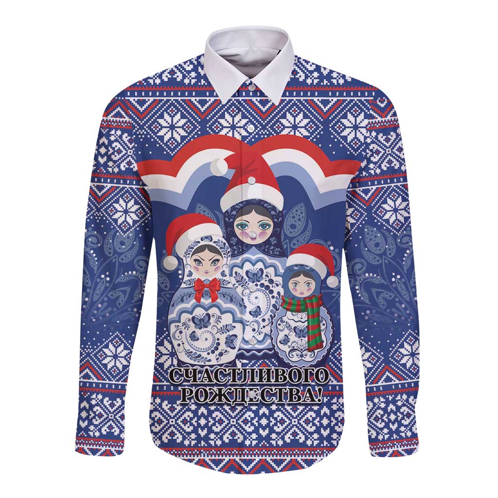 Blue long-sleeve button shirt with front Russian doll and Santa graphic, festive pattern
