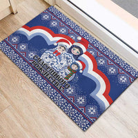 Blue rubber doormat with matryoshka dolls in snowy clouds and a decorative border