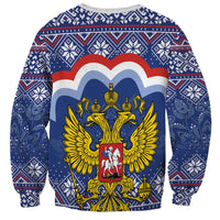 Unisex blue Christmas sweatshirt with coat of arms and matryoshka Santa graphic