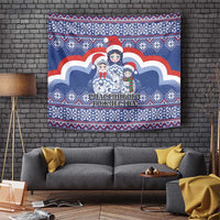 Blue Russia Christmas tapestry with Santa, matryoshka dolls, and festive patterns.