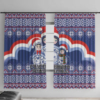 Two blue Christmas curtain panels with matryoshka Santa artwork and patterned red-blue bands