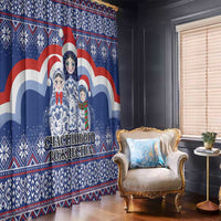 Blue Christmas window curtain with matryoshka Santa artwork, red-white-blue waves pattern