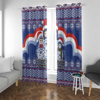 Blue Christmas window curtains with matryoshka Santa dolls and large red-white wave stripes