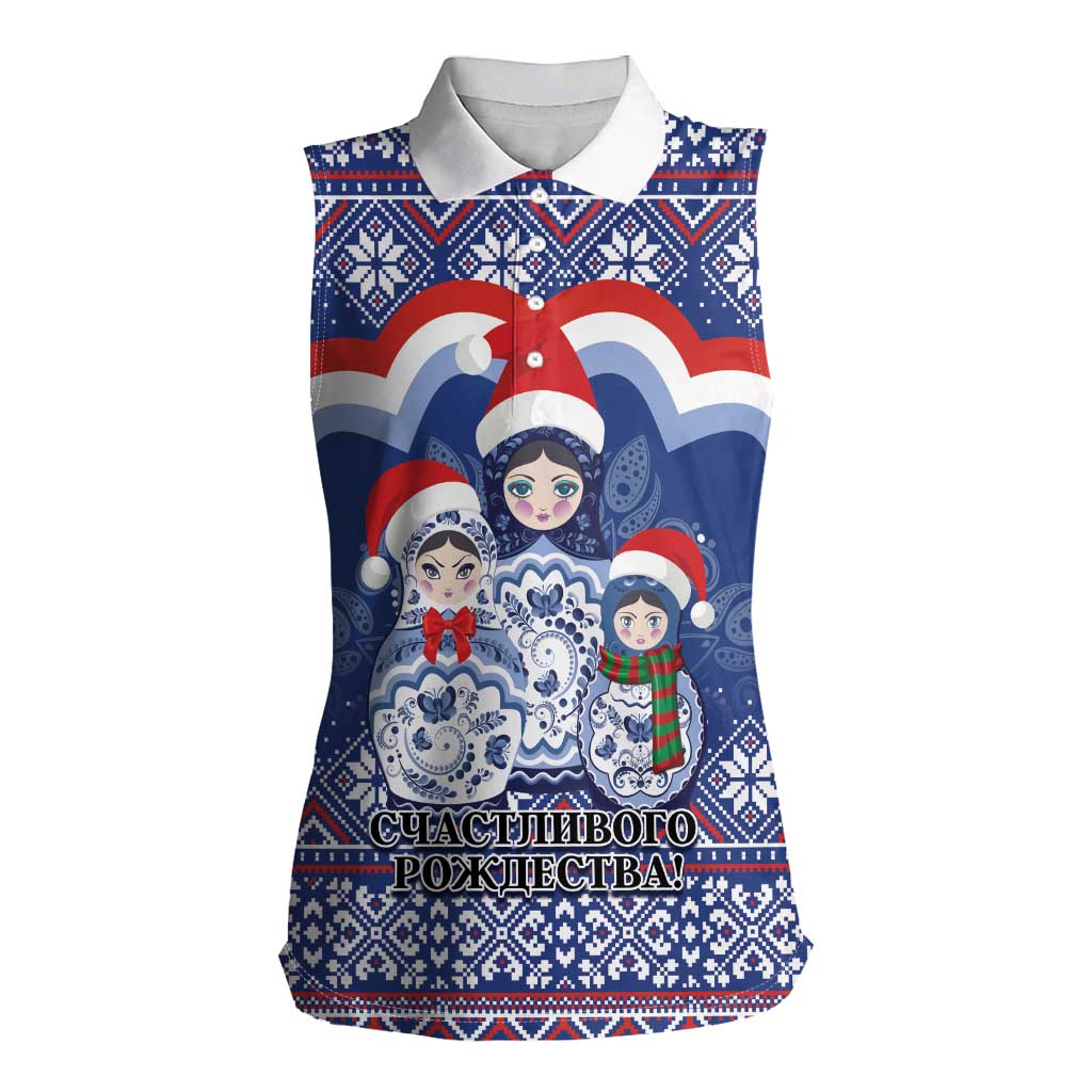 Russia Christmas Women Sleeveless Polo Shirt Santa Matryoshka Doll - Wonder Print Shop