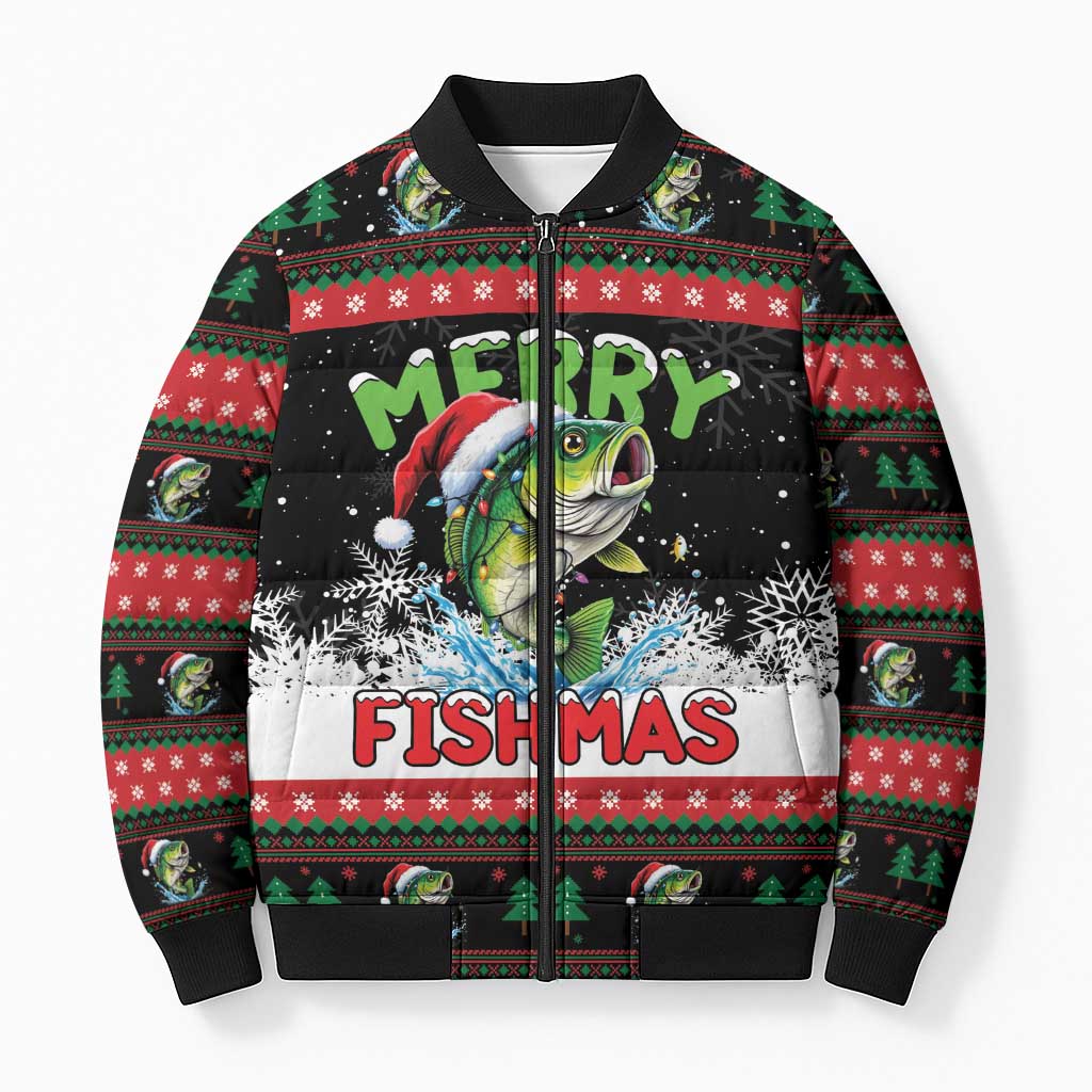 Fishing Christmas Merry Fishmas Bomber Puffer Jacket We Wish You A Merry Fishmas - Wonder Print Shop
