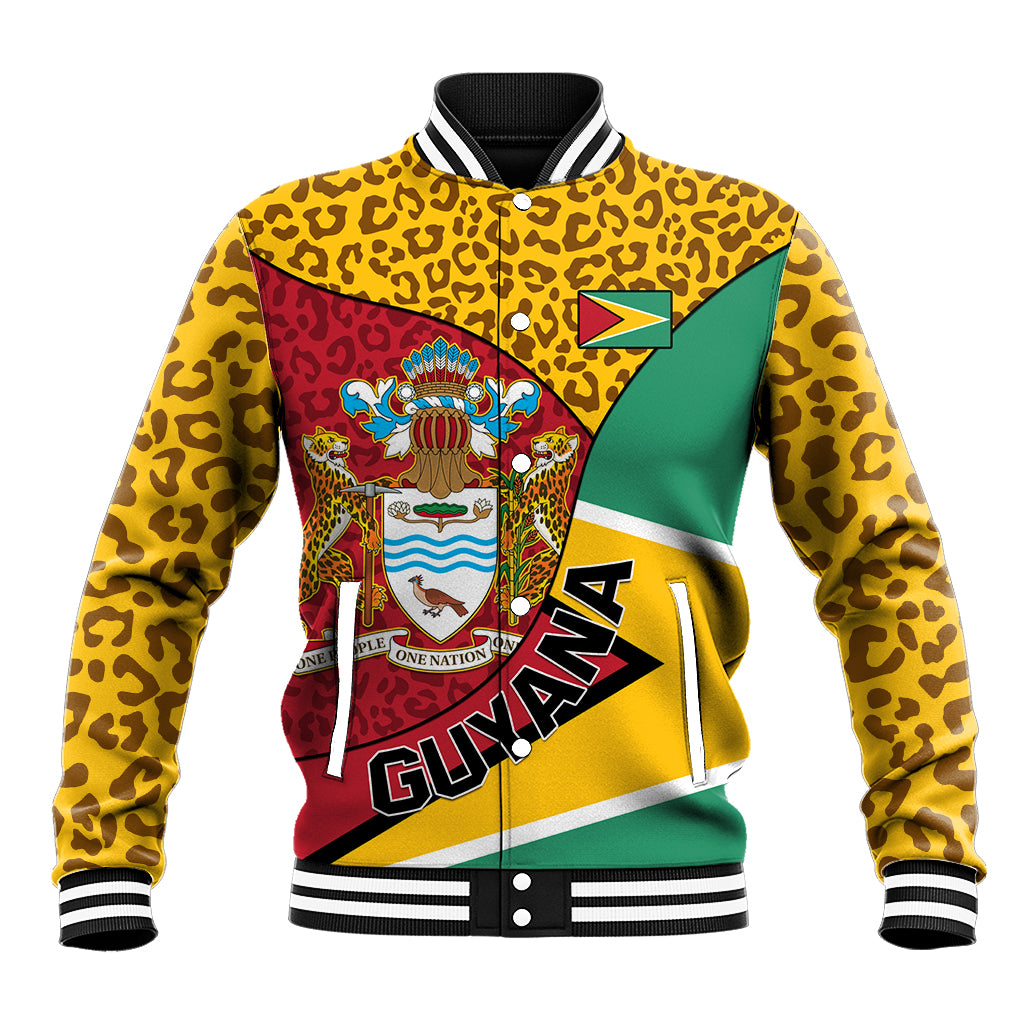Baseball jacket with leopard yellow sleeves, green body, Guyana crest, striped collar