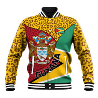 Baseball jacket with leopard yellow sleeves, green body, Guyana crest, striped collar