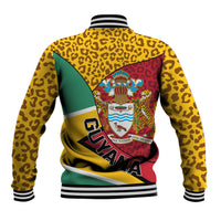 Baseball jacket back with leopard yellow pattern, Guyana crest, green and red flag panels
