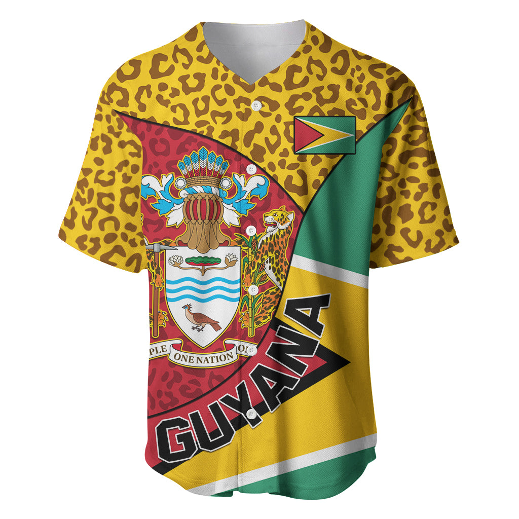 Guyana Republic Day Baseball Jersey Coat Of Arms Leopard Pattern - Wonder Print Shop