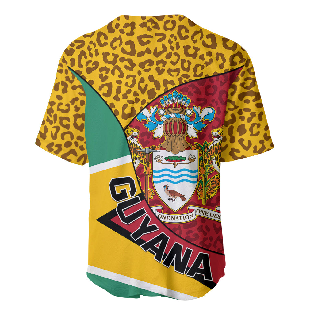 Men's baseball jersey, back view with leopard print, Guyana crest graphic, V-neck