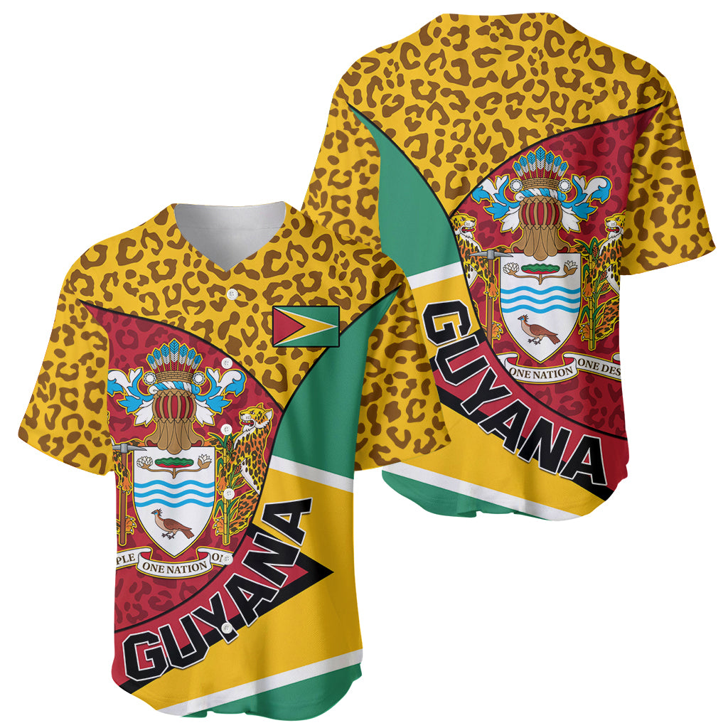 Men's baseball jersey, front and side angle, leopard print with Guyana coat-of-arms, V-neck