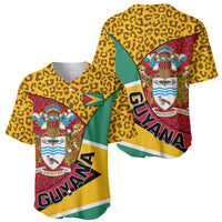 Men's baseball jersey, front and side angle, leopard print with Guyana coat-of-arms, V-neck