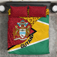 Guyana bedding set with red leopard pattern and Guyana crest, yellow green flag design