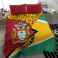 Guyana bedding set with red leopard pillow tops, Guyana crest, diagonal yellow green flag stripe